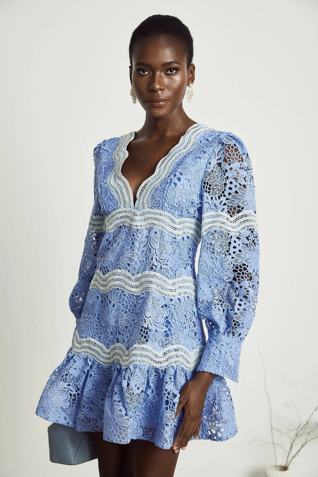 Naomi Floral Midi Dress with VNeck OpenBack & Lace Trim in Striking Blue