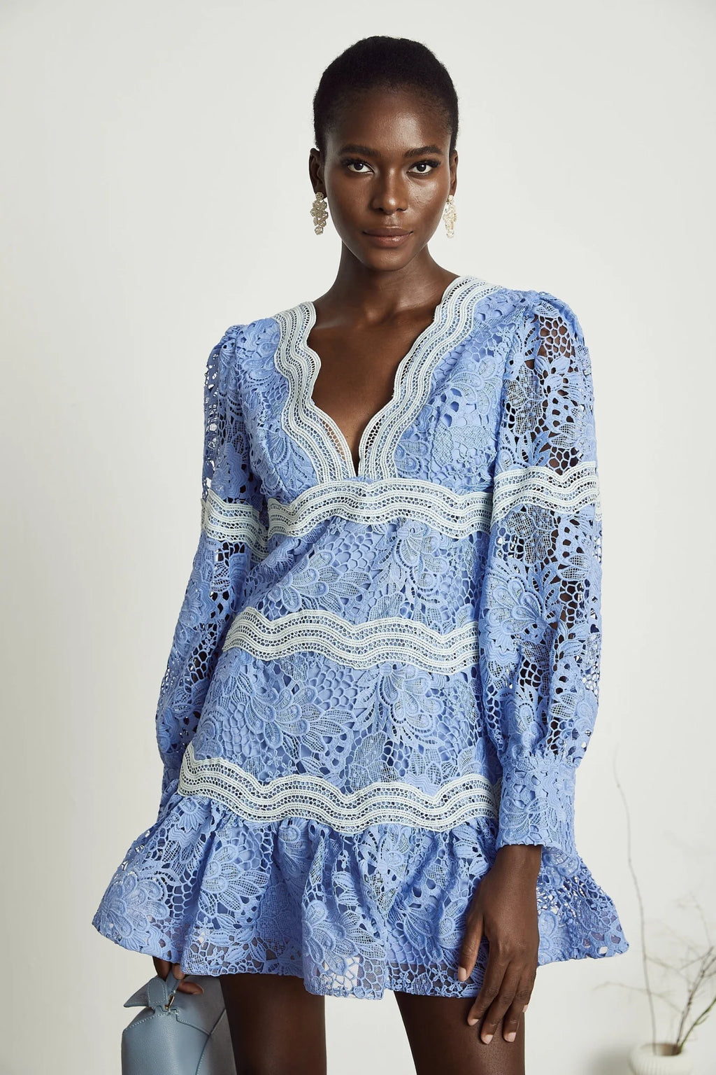 Naomi Floral Midi Dress with VNeck OpenBack & Lace Trim in Striking Blue