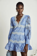 Naomi Floral Midi Dress with VNeck OpenBack & Lace Trim in Striking Blue