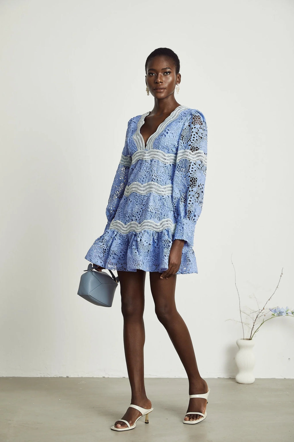 Naomi Floral Midi Dress with VNeck OpenBack & Lace Trim in Striking Blue