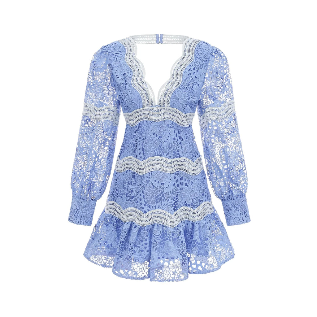 Naomi Floral Midi Dress with VNeck OpenBack & Lace Trim in Striking Blue