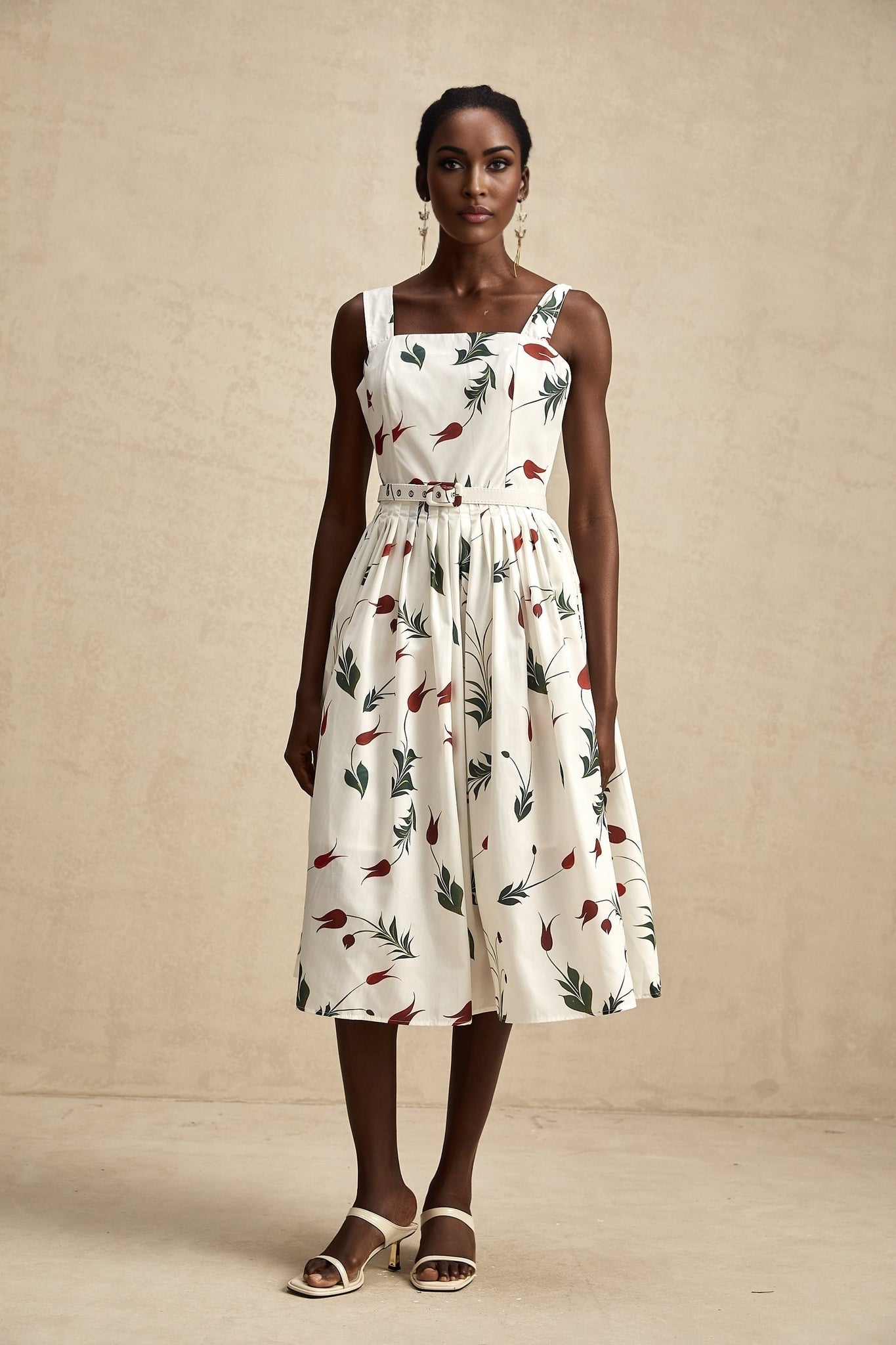 Naomi Floral Midi Dress with Wide Straps & Belted Waist in White Poplin