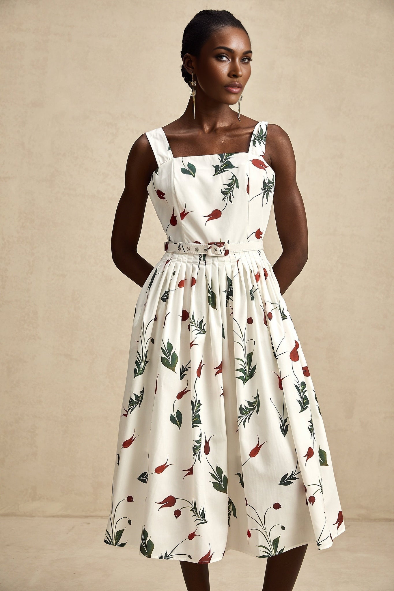 Naomi Floral Midi Dress with Wide Straps & Belted Waist in White Poplin