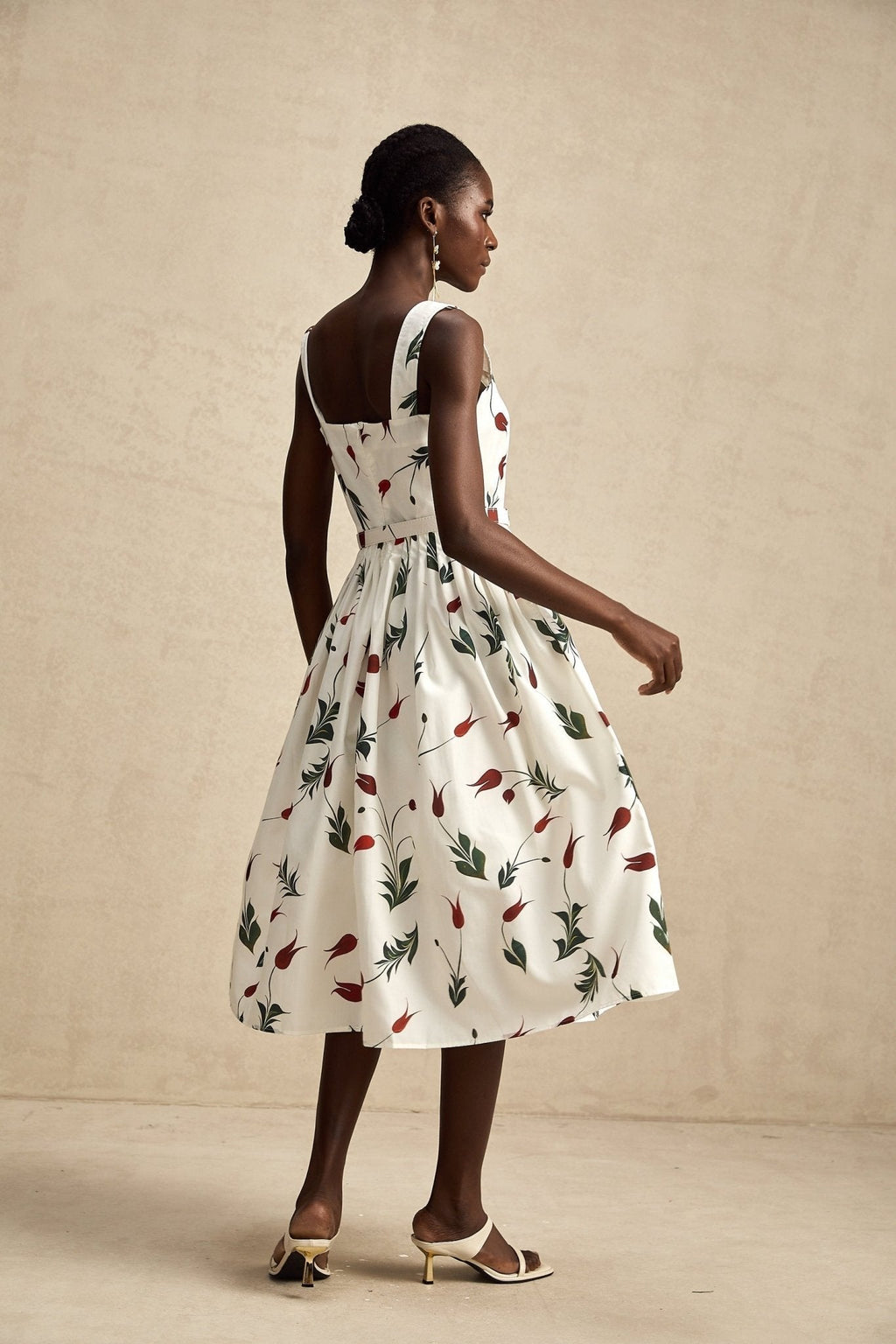 Naomi Floral Midi Dress with Wide Straps & Belted Waist in White Poplin
