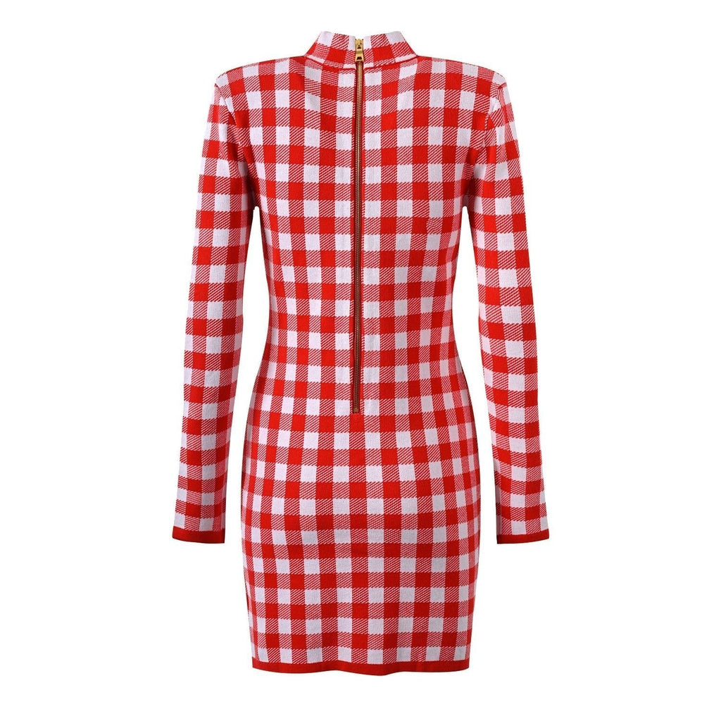 Naomi Mini Dress - Tailored Silhouette - Bold Checkered Pattern - Slim Fit - Gold - tone Buttons - Timeless Gingham Trend
