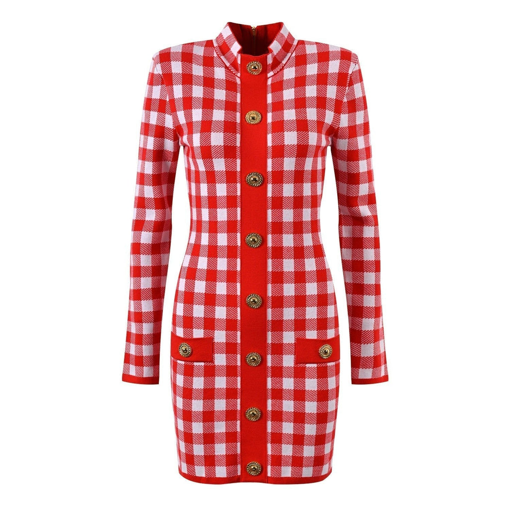 Naomi Mini Dress - Tailored Silhouette - Bold Checkered Pattern - Slim Fit - Gold - tone Buttons - Timeless Gingham Trend