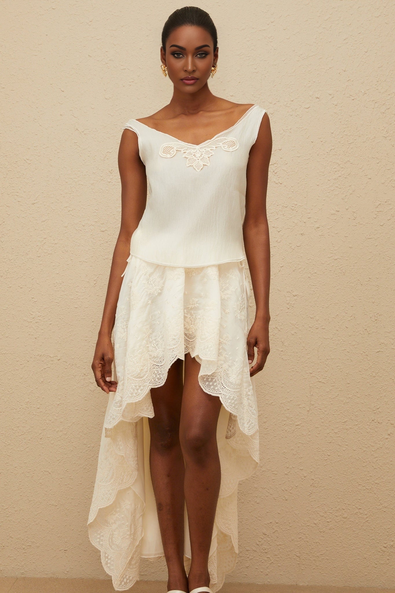 Naomi Top & Skirt - Sleeveless - Lace Trim - Rear Tie Fastening - High Rise - Scallop Hem - Asymmetrical Design - Maxi Length