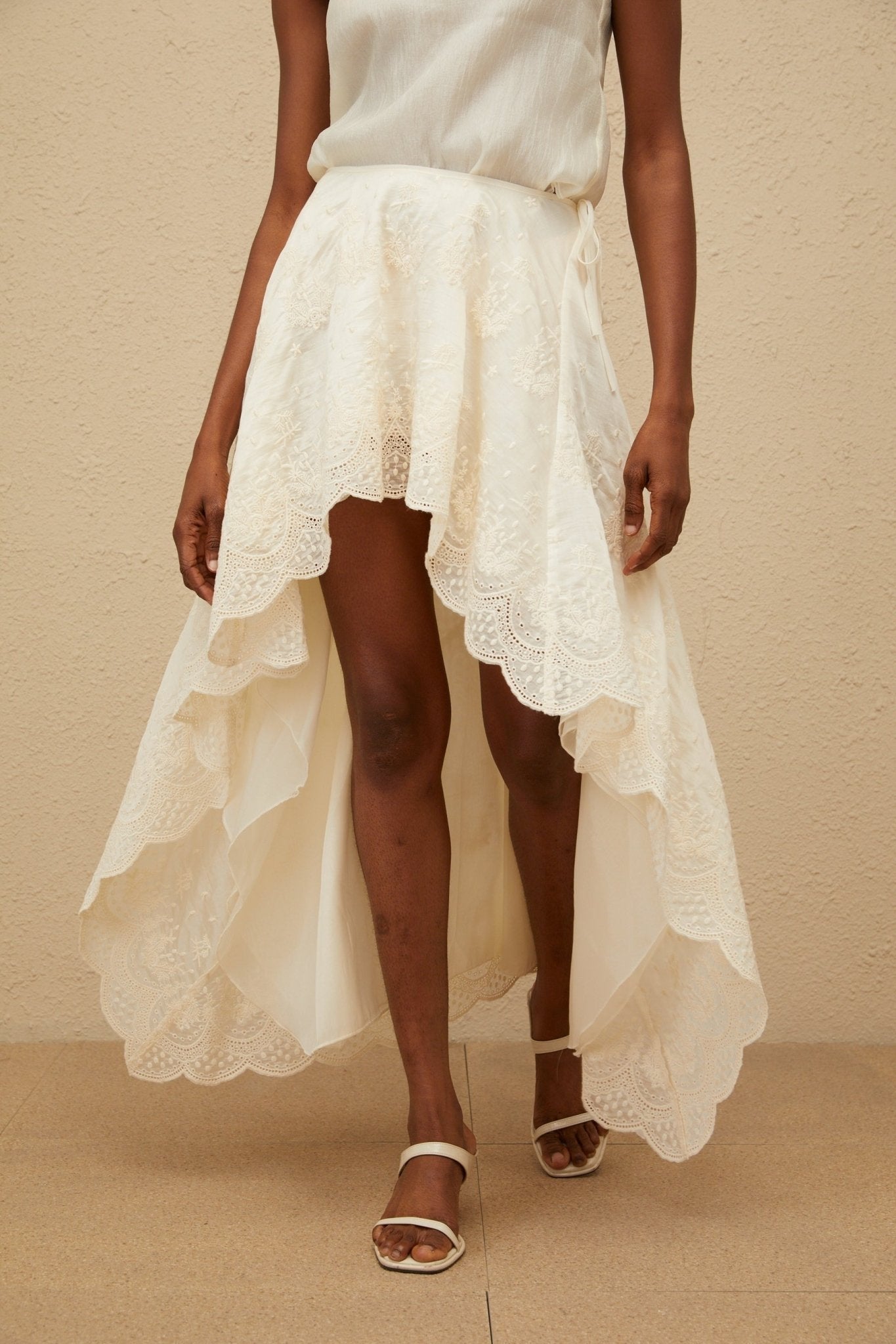 Naomi Top & Skirt - Sleeveless - Lace Trim - Rear Tie Fastening - High Rise - Scallop Hem - Asymmetrical Design - Maxi Length