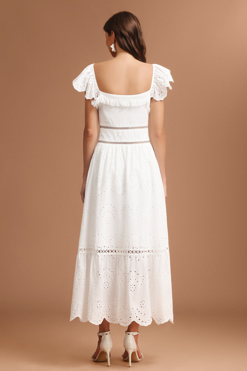 Naomi White Maxi Dress Sweetheart Neckline Ruffled Sleeves Embroidery Cinched Waistline Tassels