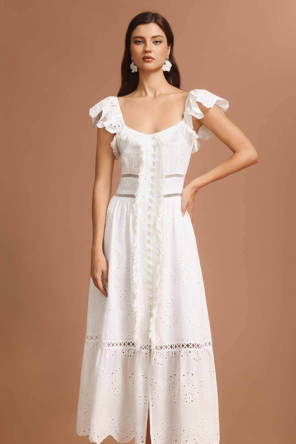 Naomi White Maxi Dress with Sweetheart Neckline and Ruffled Sleeves