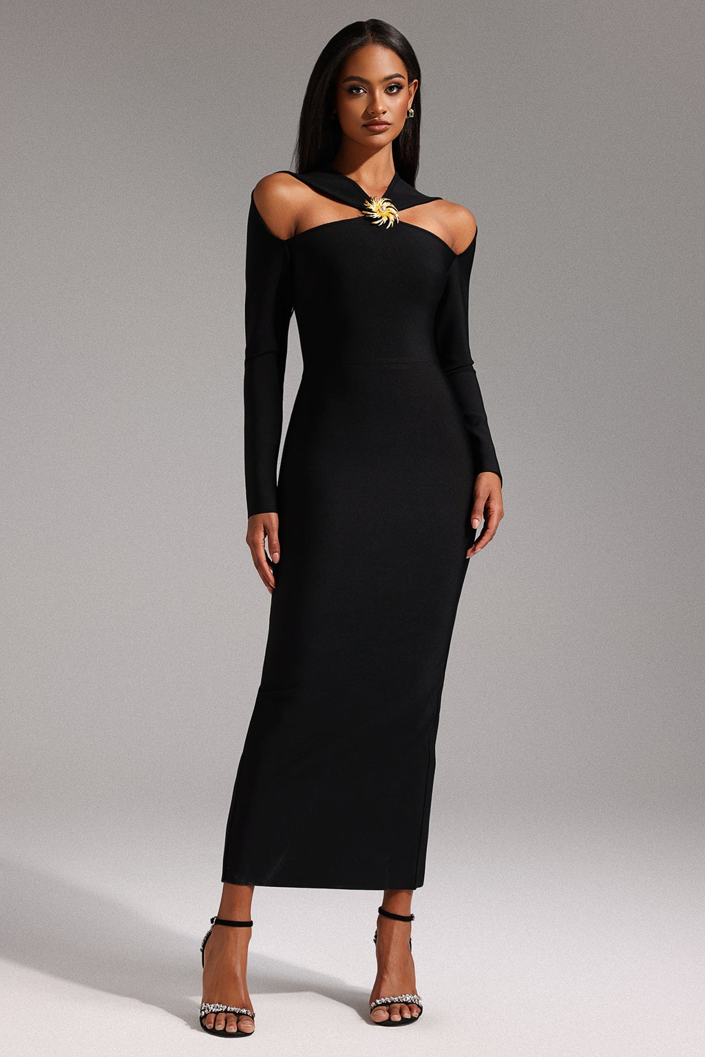 Natalie Black Hollow Out Long Sleeve Evening Dress
