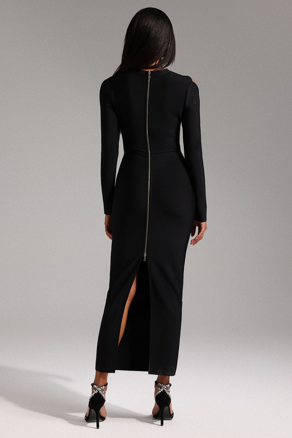 Natalie Black Hollow Out Long Sleeve Gown with Embellishments