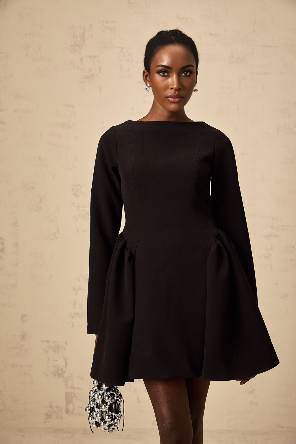 Natalie Long Sleeve Mini Dress with Flared Skirt & Ruched Detailing