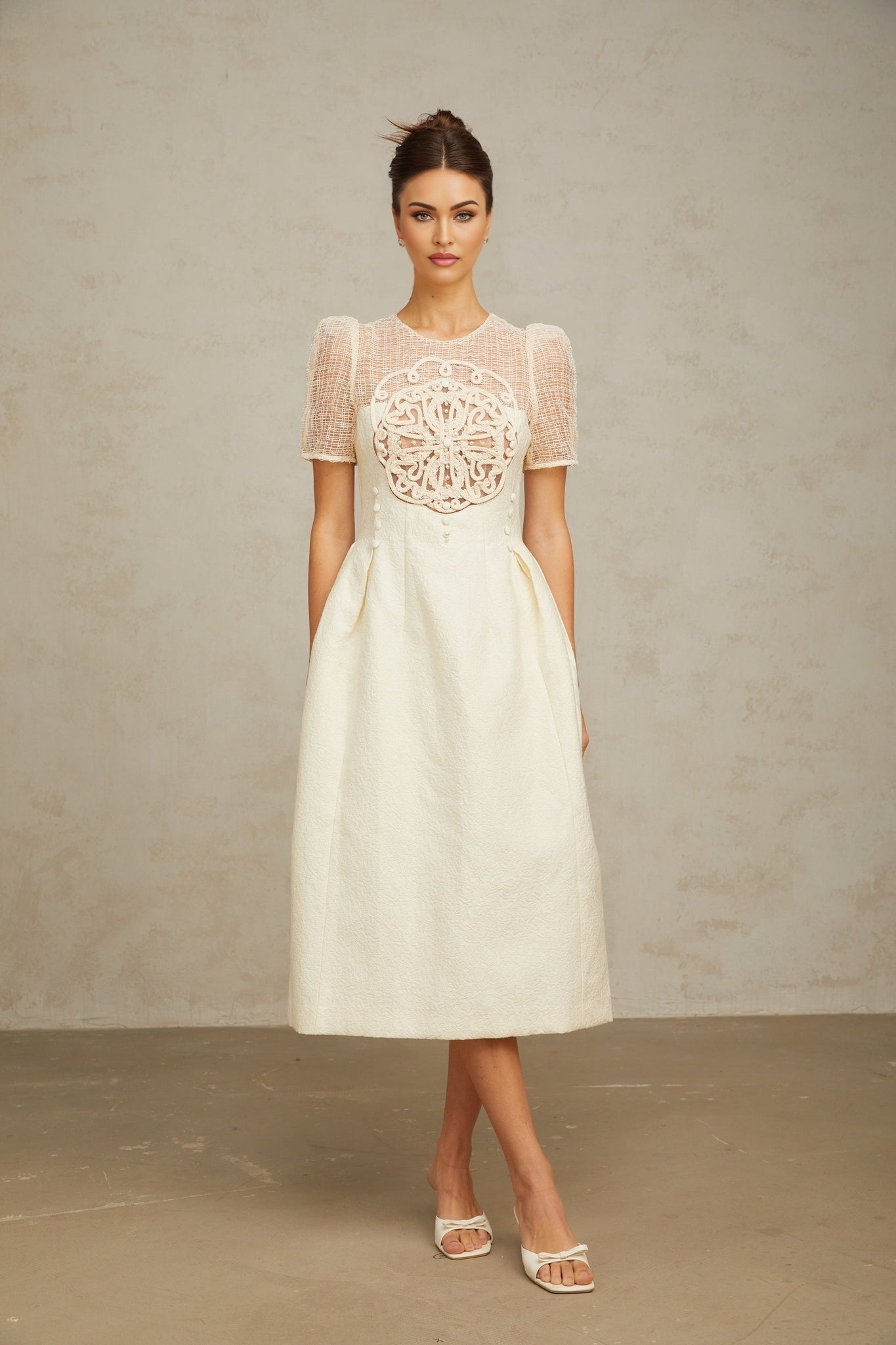 Natalie Midi Dress White Textured Panelled Braided Bead