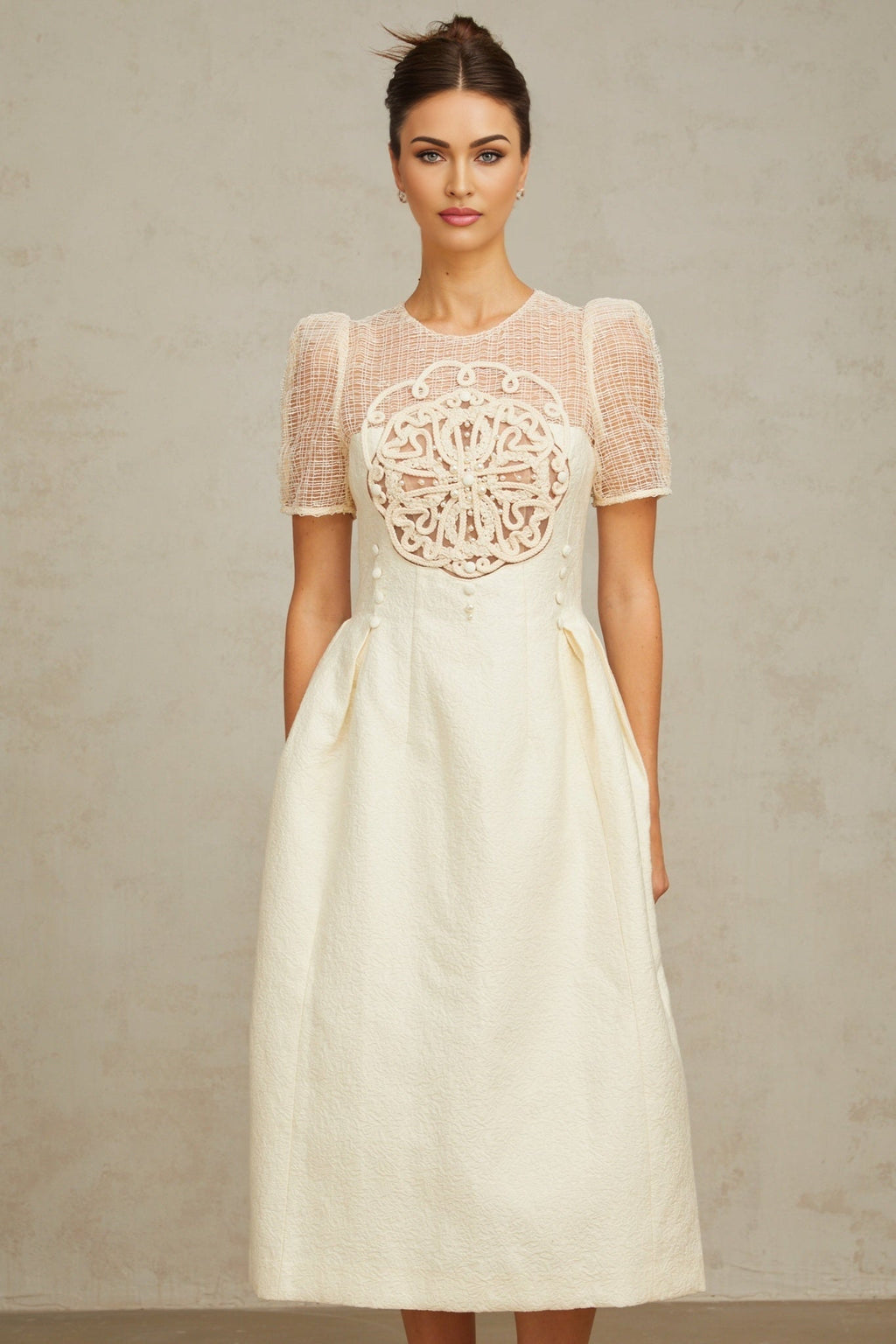 Natalie Midi Dress White Textured Panelled Braided Bead