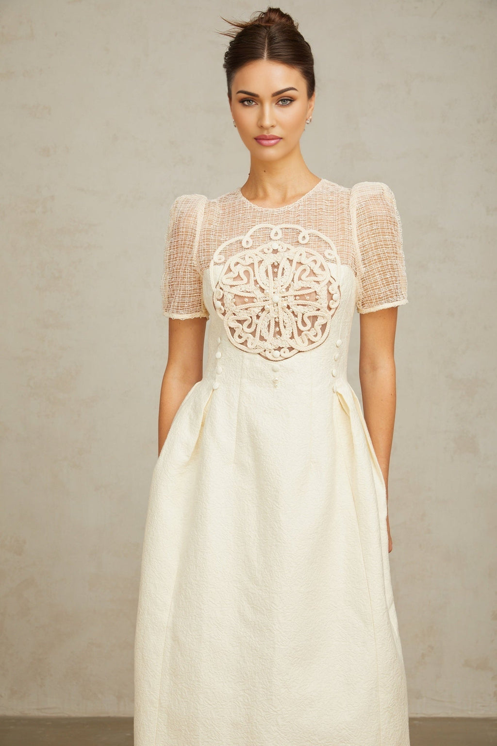 Natalie Midi Dress White Textured Panelled Braided Bead