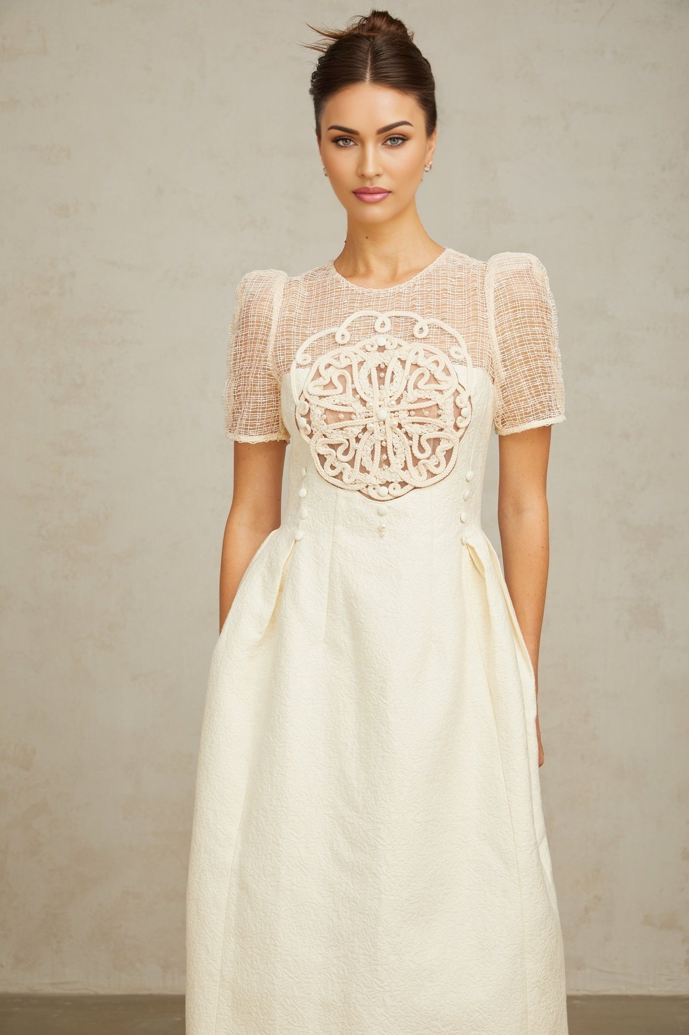 Natalie Midi Dress White Textured Panelled Braided Bead