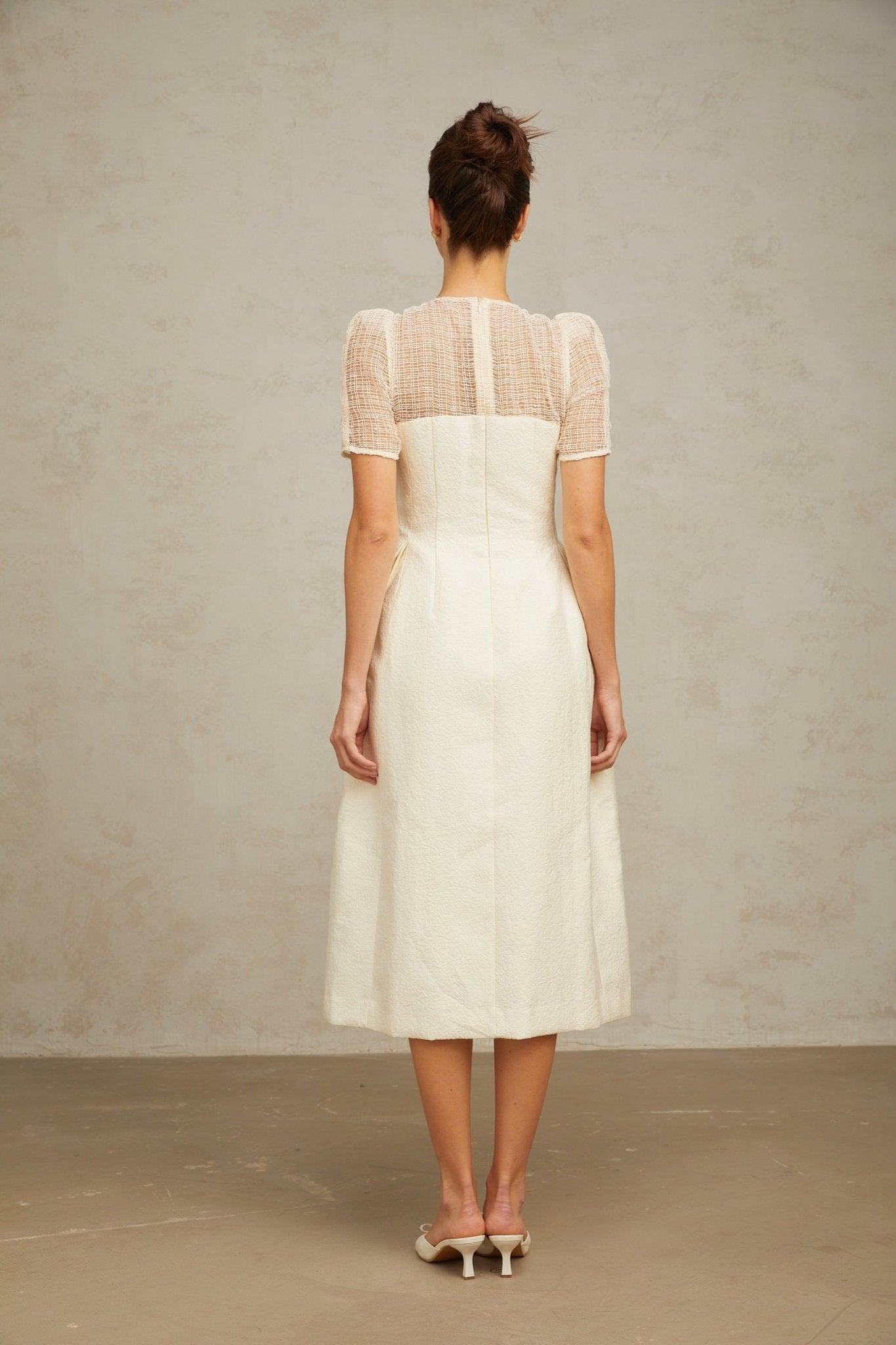 Natalie Midi Dress White Textured Panelled Braided Bead