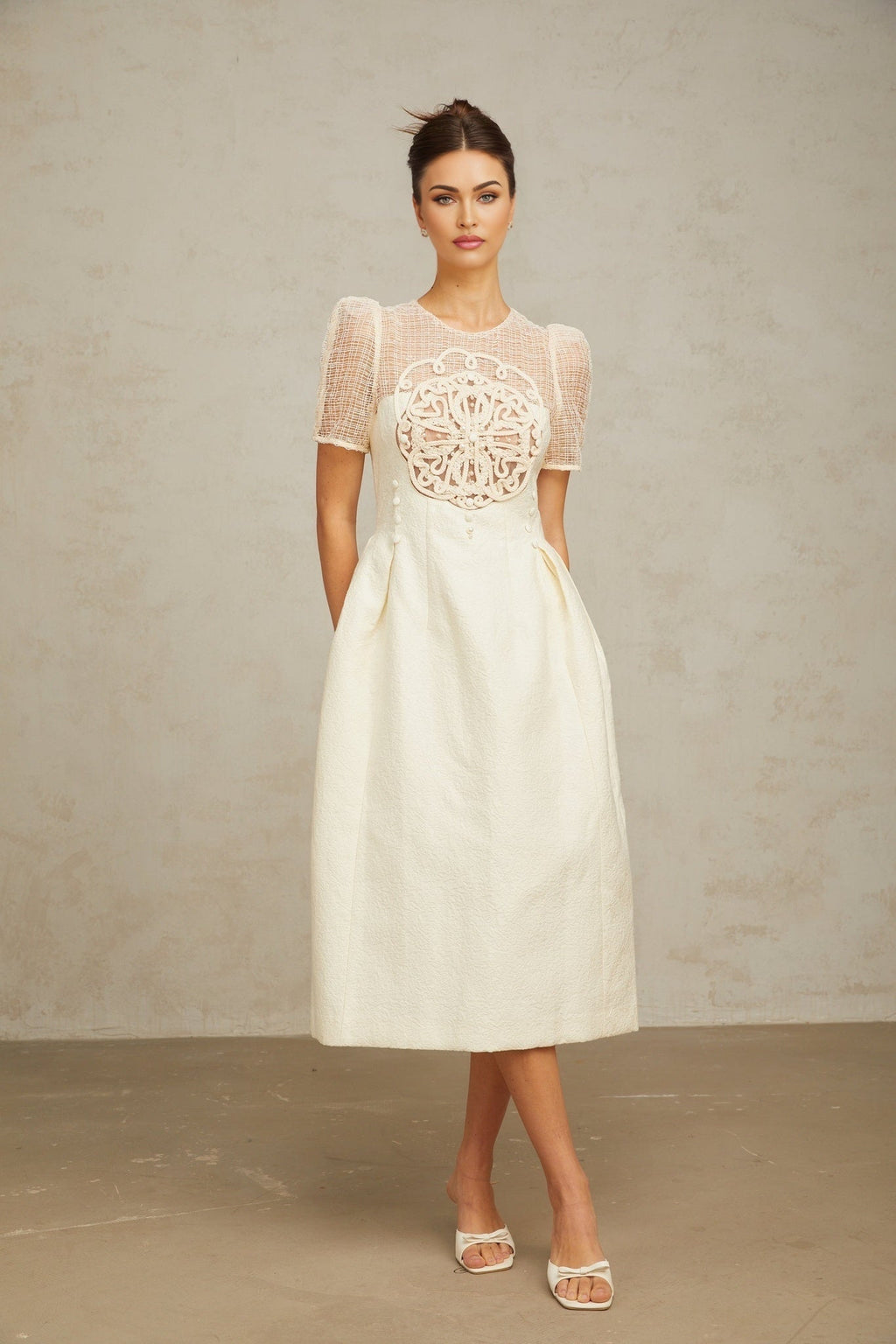 Natalie Midi Dress White Textured Panelled Braided Bead