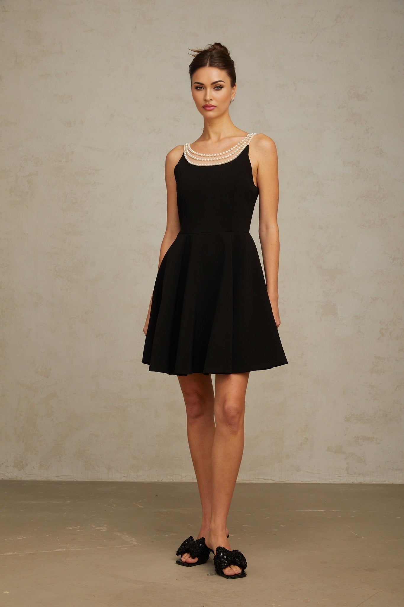 Natalie Mini Dress Black Pearl Flounce Hem