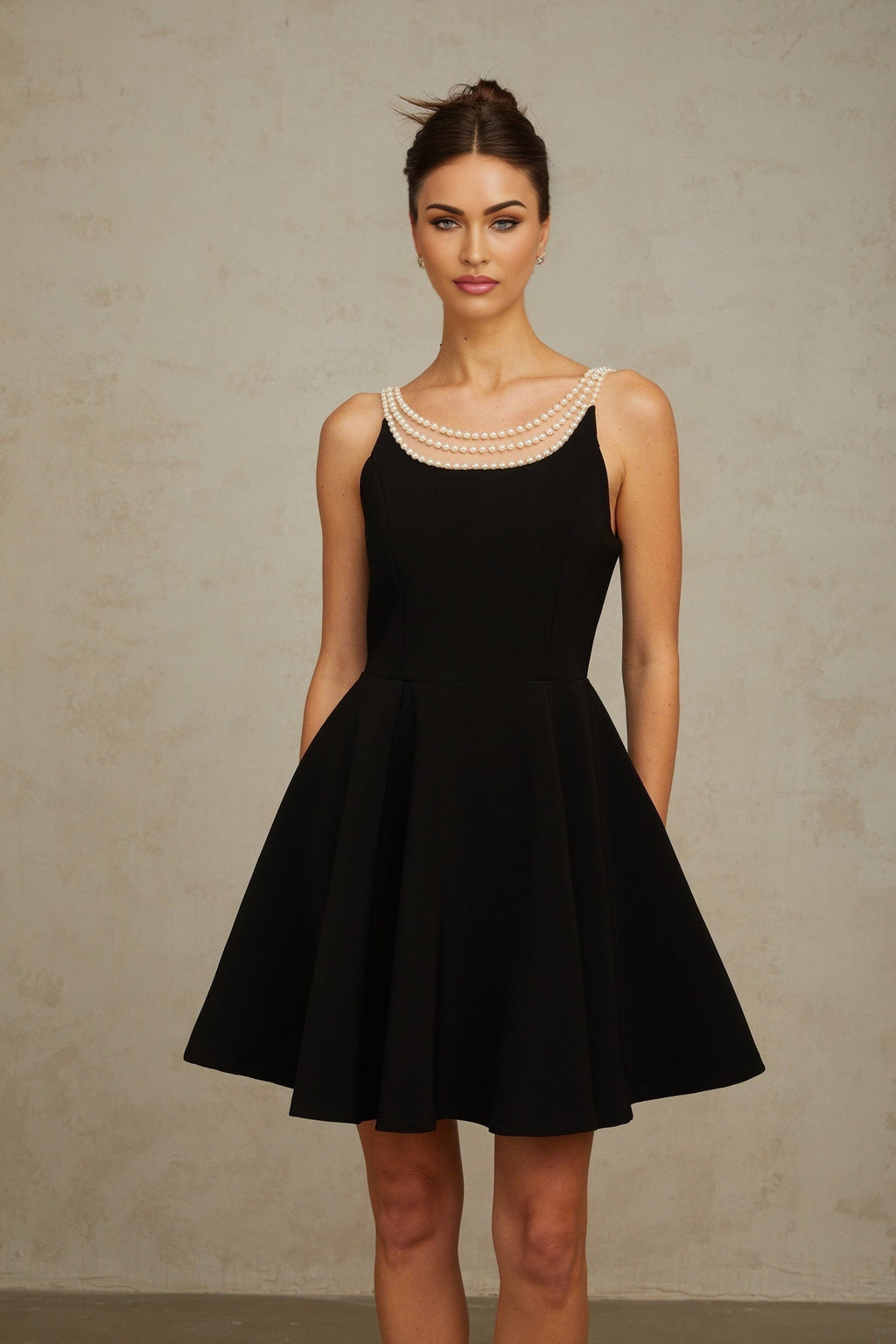 Natalie Mini Dress Black Pearl Flounce Hem
