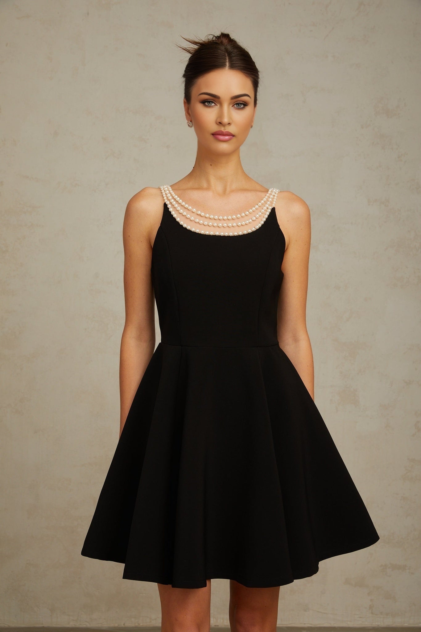 Natalie Mini Dress Black Pearl Flounce Hem