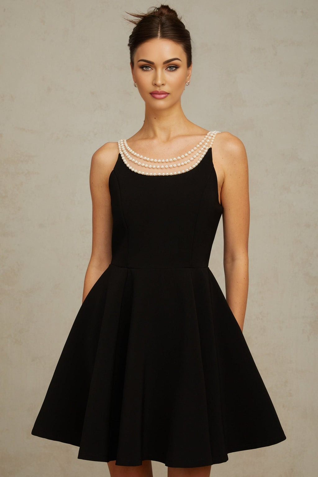 Natalie Mini Dress Black Pearl Flounce Hem
