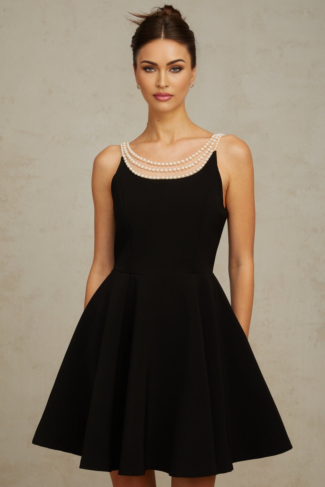 Natalie Mini Dress Black Pearl Flounce Hem