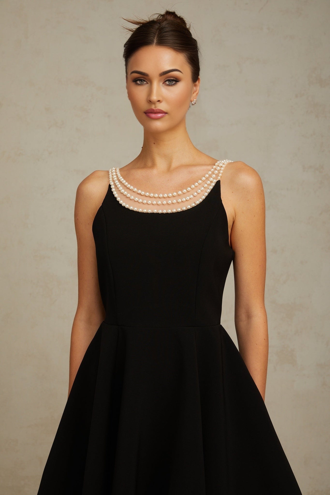 Natalie Mini Dress Black Pearl Flounce Hem