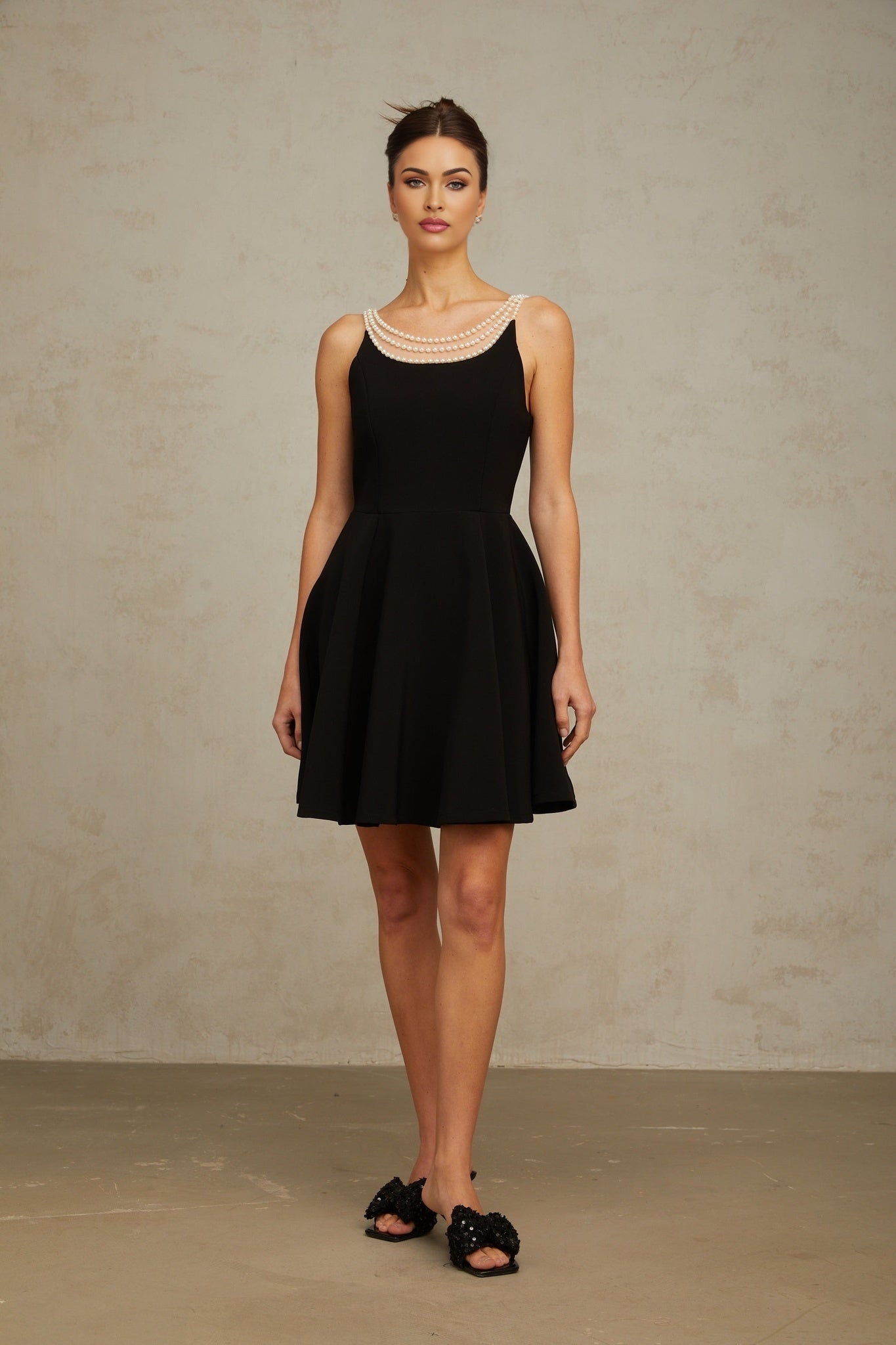 Natalie Mini Dress Black Pearl Flounce Hem