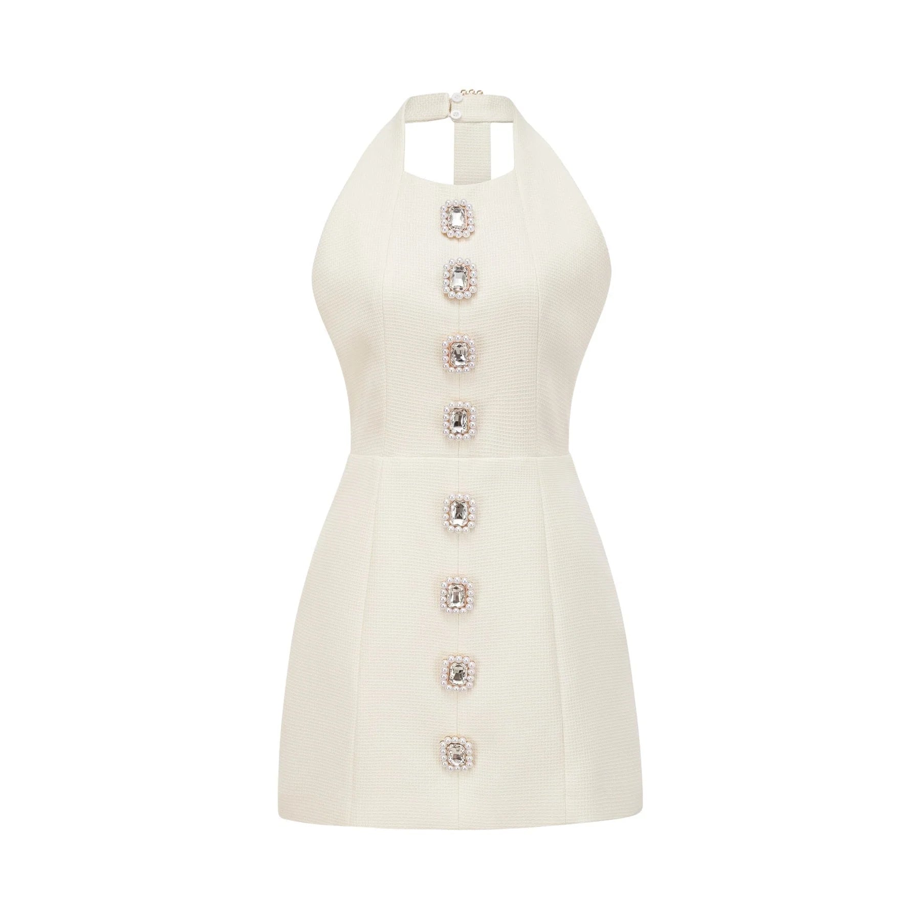 Natalie Mini Dress Crystal Button Scoop Back White