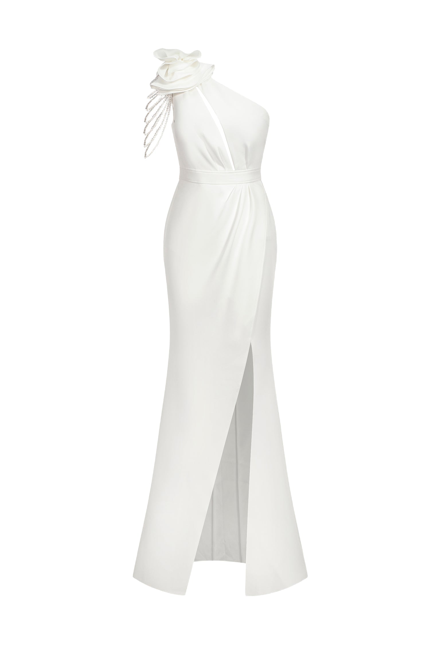Natalie White One-Shoulder Flower Accent Cut-Out High Slit Formal Dress