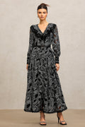 Natalina Black Lace Maxi Dress V-Neckline Long Sleeve Fitted Waist Evening Formal Occasion