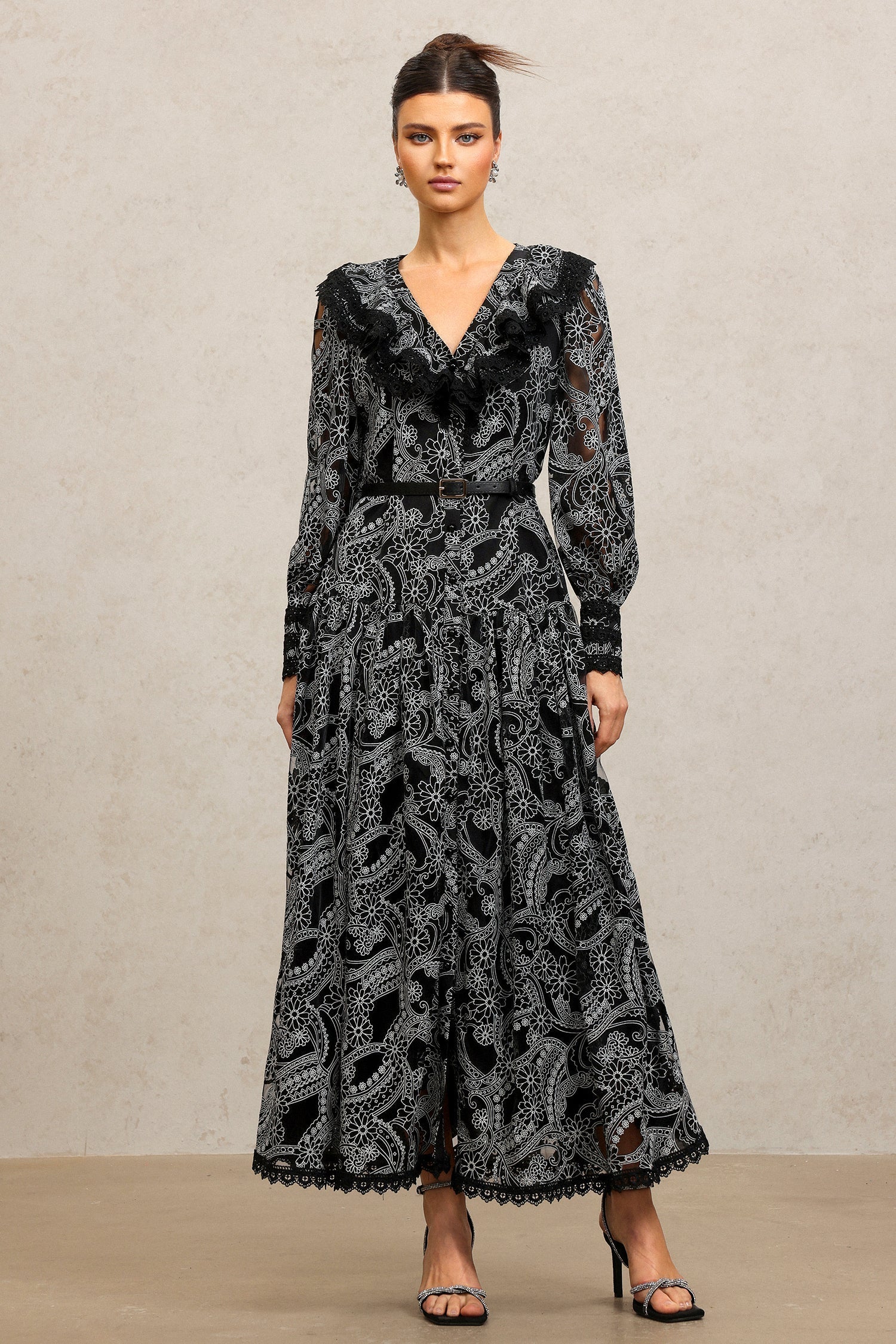 Natalina Black Lace Maxi Dress V-Neckline Long Sleeve Fitted Waist Evening Formal Occasion