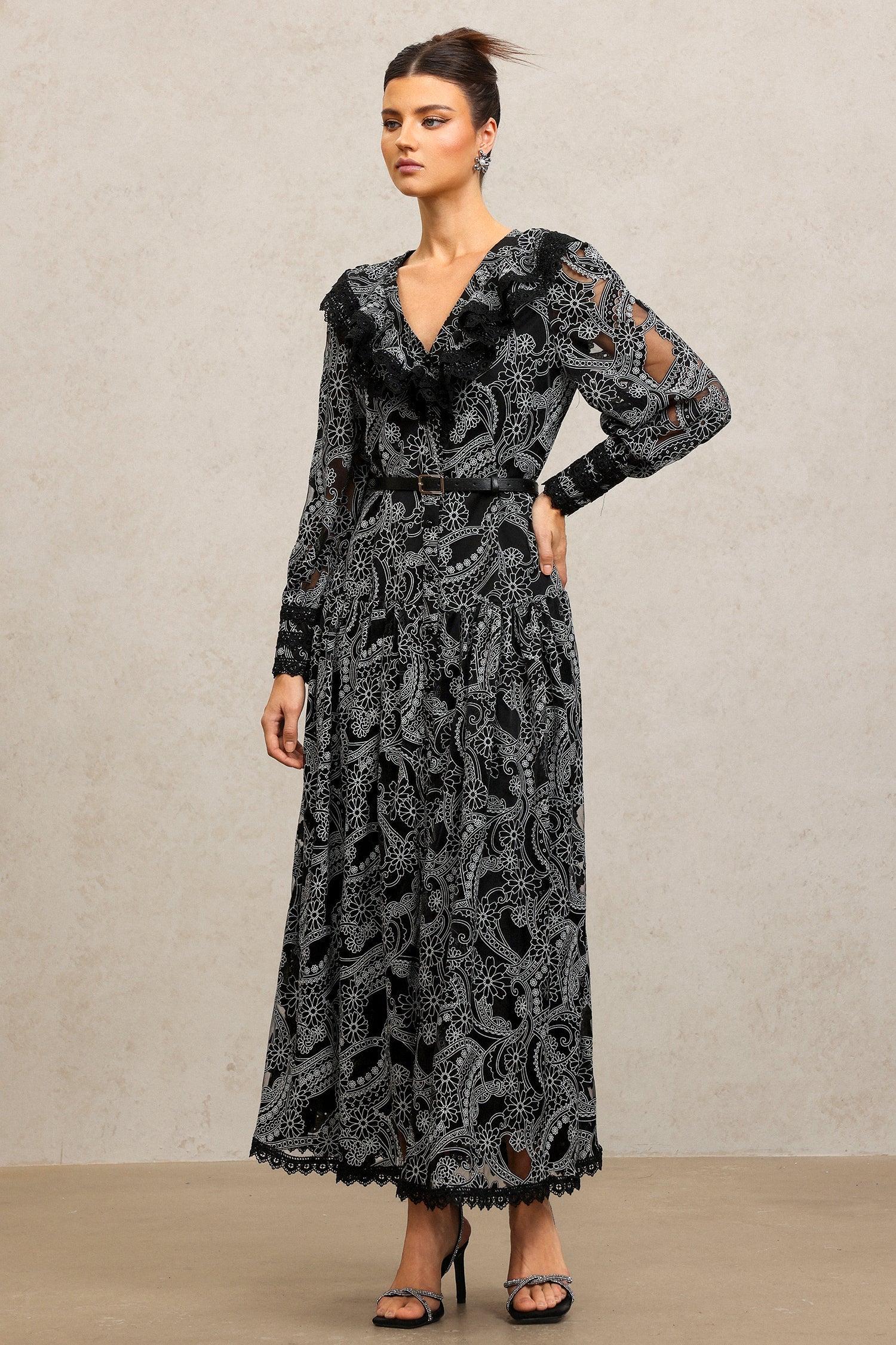 Natalina Black Lace Maxi Dress V-Neck Long Sleeve Formal Evening Events Fitted Waist Captivating Pattern