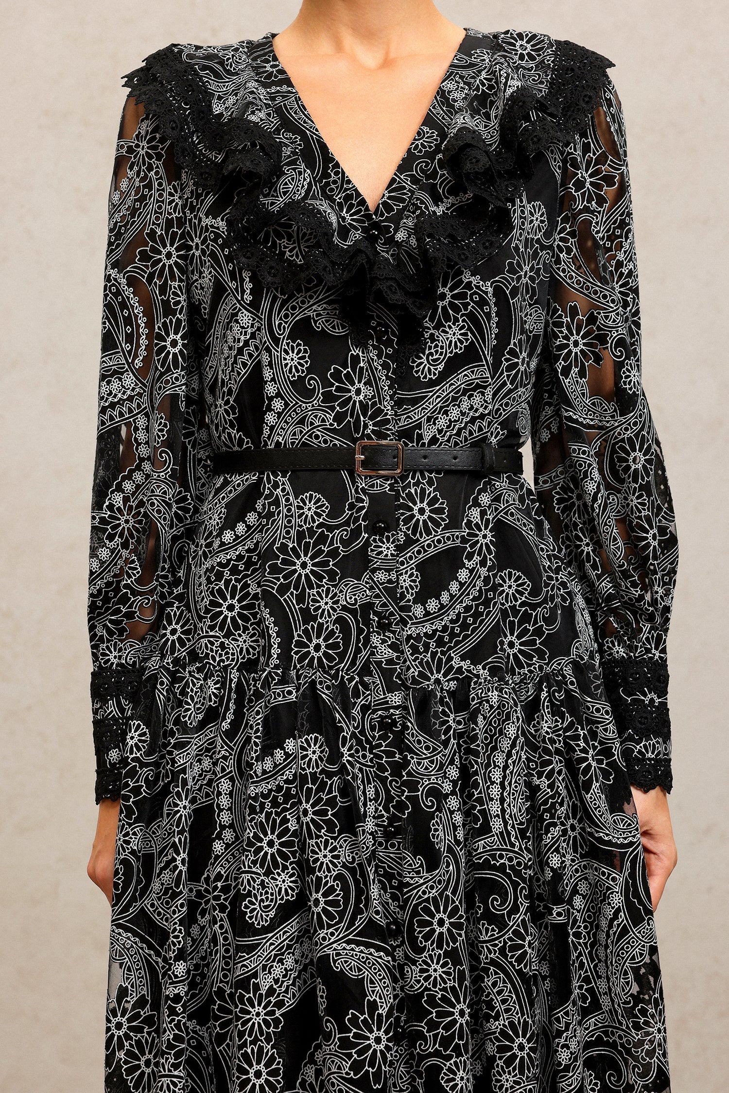 Natalina Black Lace Maxi Dress V-Neck Long Sleeve Fitted Waist Formal Evening Events Patterned