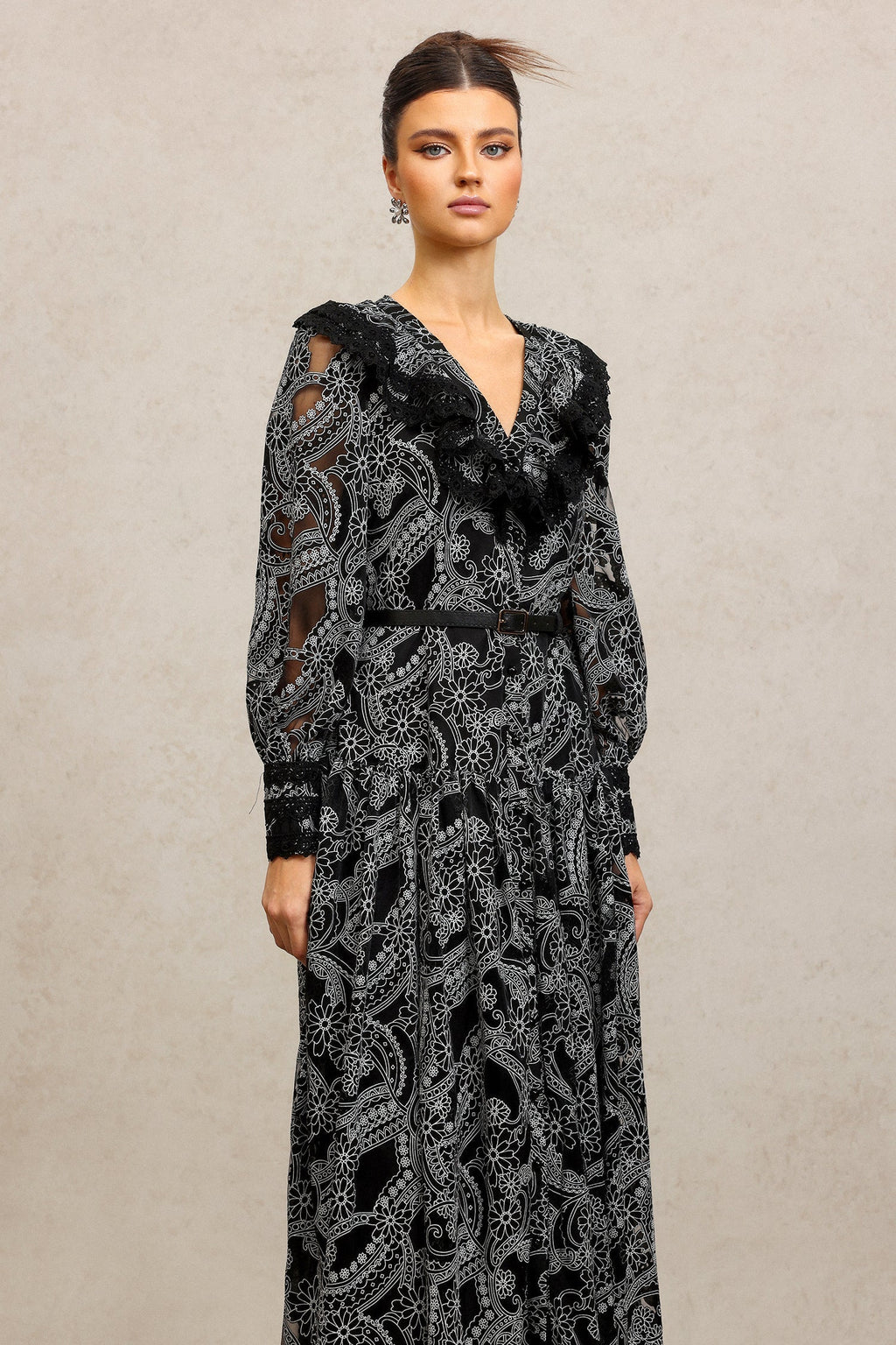 Natalina Black Lace Maxi Dress V-Neckline Long Sleeves Fitted Waist Evening Events Captivating Pattern