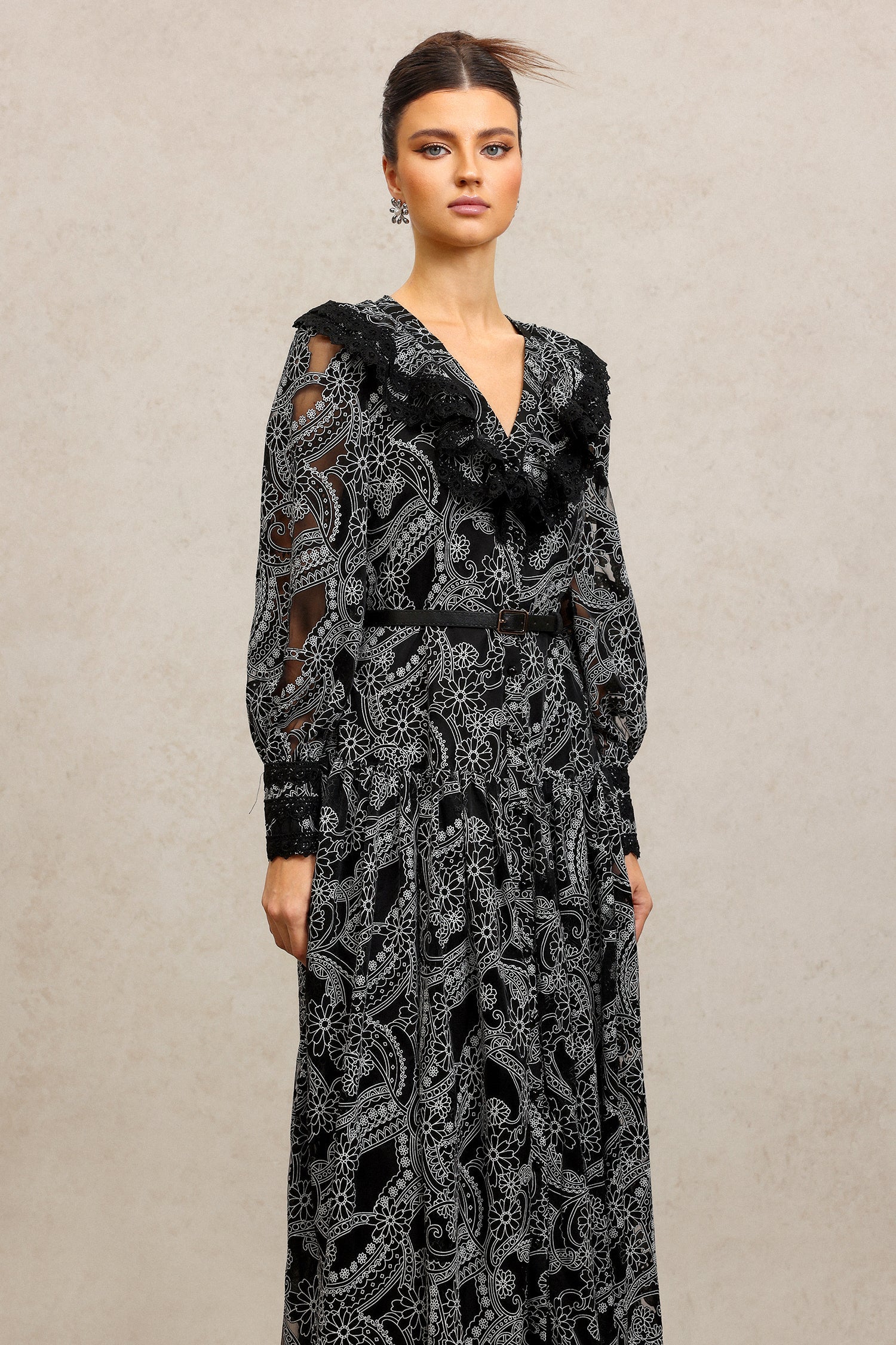 Natalina Black Lace Maxi Dress V-Neckline Long Sleeves Fitted Waist Evening Events Captivating Pattern