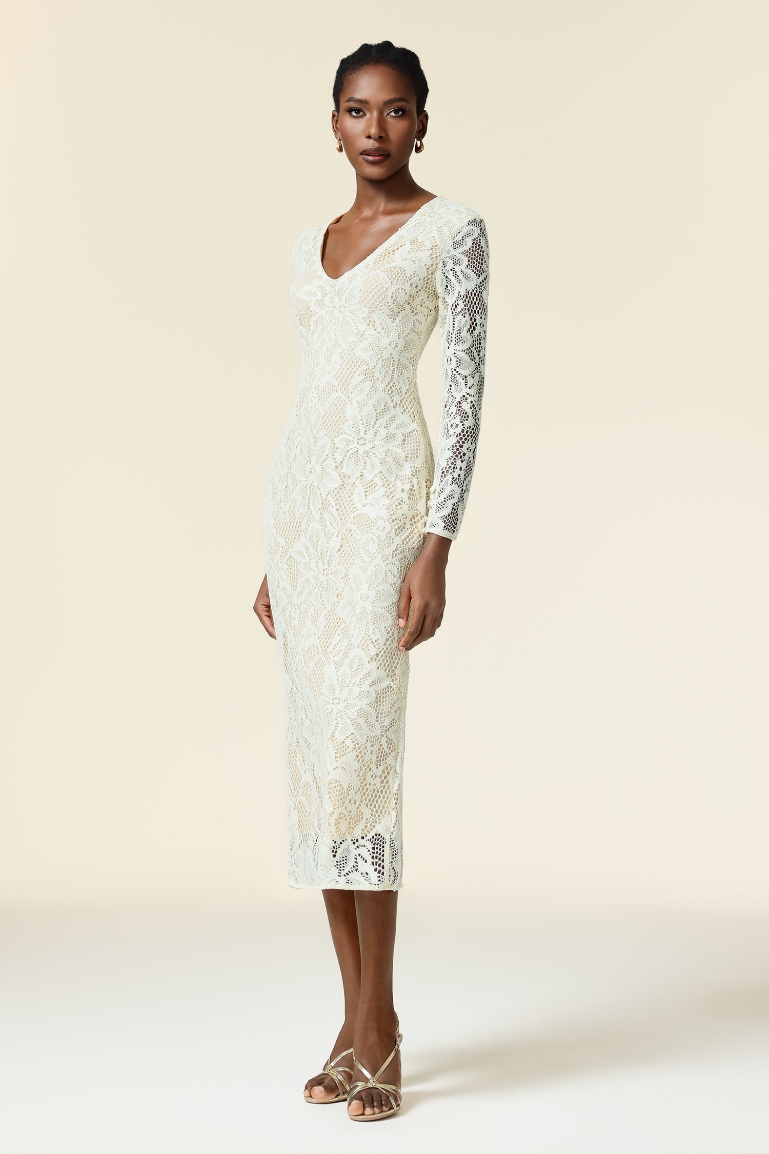 Natalina Ivory Embroidered Floral Maxi Dress V-neckline Long Sleeves Formal Evening Events Fitted Bodice Skirt Heels Accessories Classic Modern