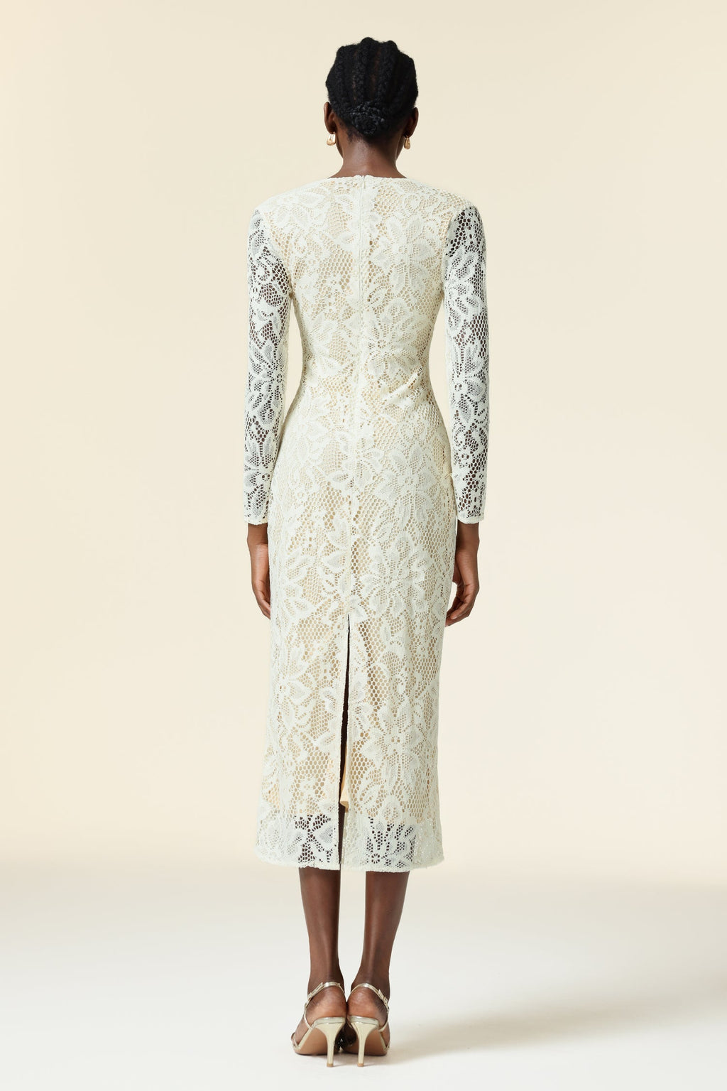 Natalina Ivory Embroidered Floral Maxi Dress with V-Neckline and Long Sleeves