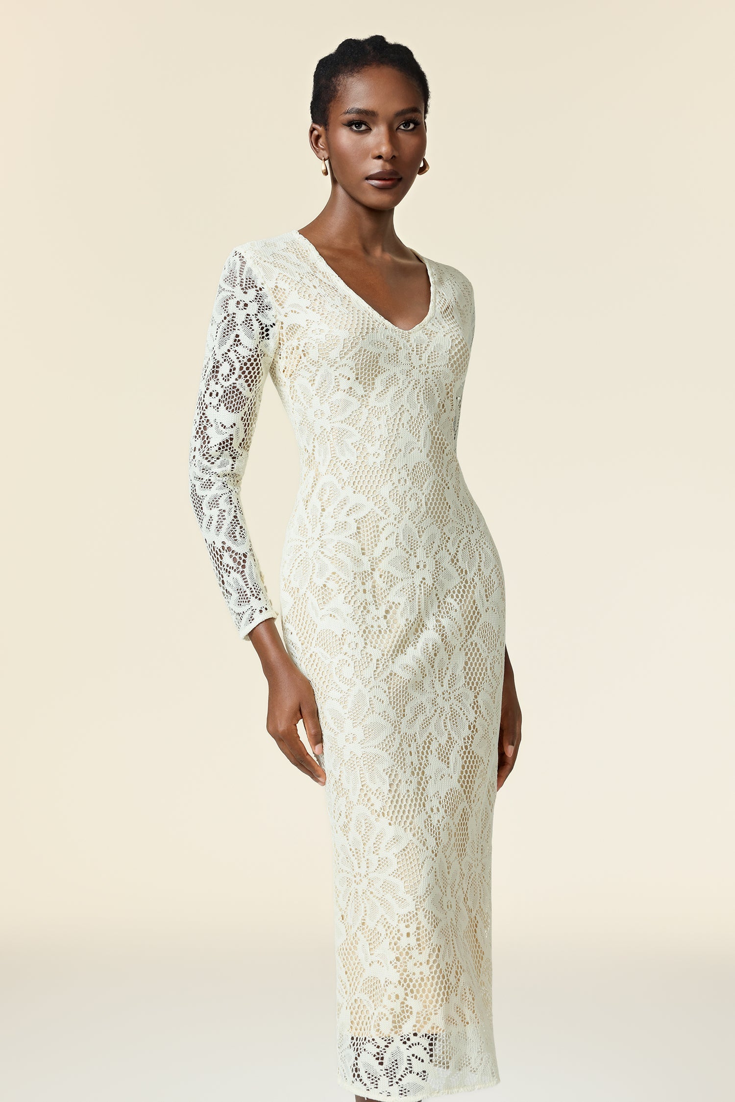 Natalina Ivory Maxi Dress with Floral Embroidery and V-Neckline