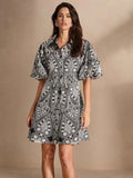 Natalina Midi Dress - Collared Neckline - Drop Shoulder Sleeves - Flared Hem - High Waist - Festival Ready