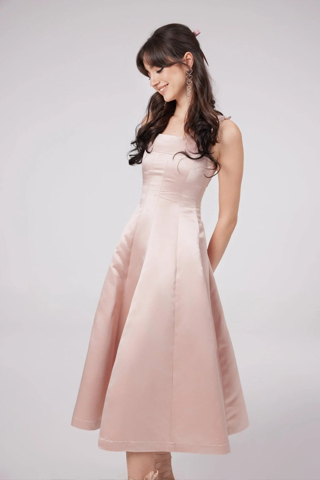 Natalina Midi Dress Pink Bowknot Strap Pleated Ankle Length