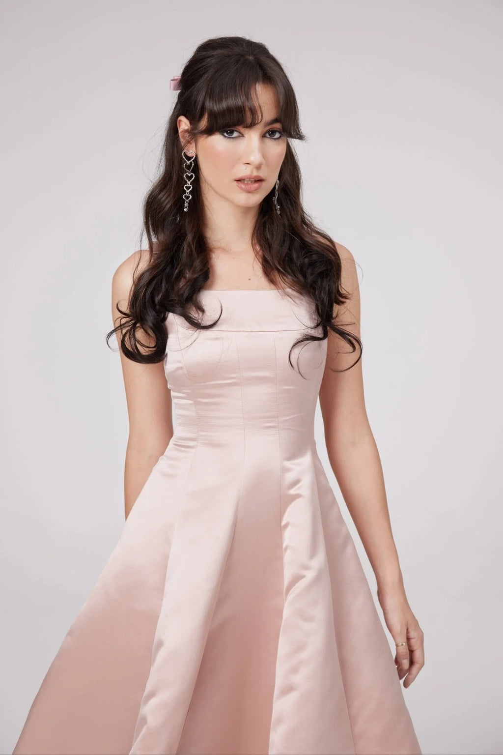 Natalina Midi Dress Pink Bowknot Strap Pleated Ankle Length
