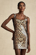 Natalina Mini Dress Brown Leopard Sequin Lace