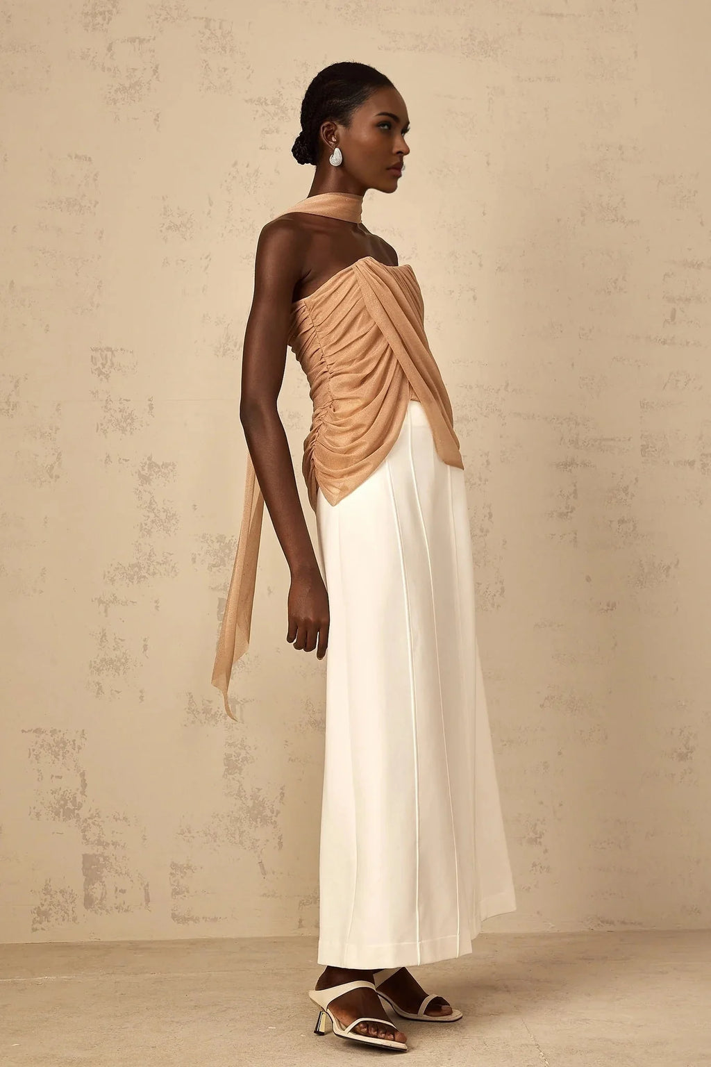 Natalina Top Brown Sequined Halter - neck Ruched Tulle Sparkle & Zip