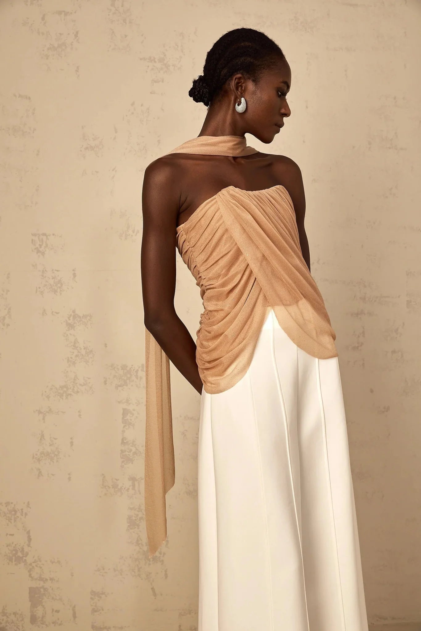 Natalina Top Brown Sequined Halter - neck Ruched Tulle Sparkle & Zip