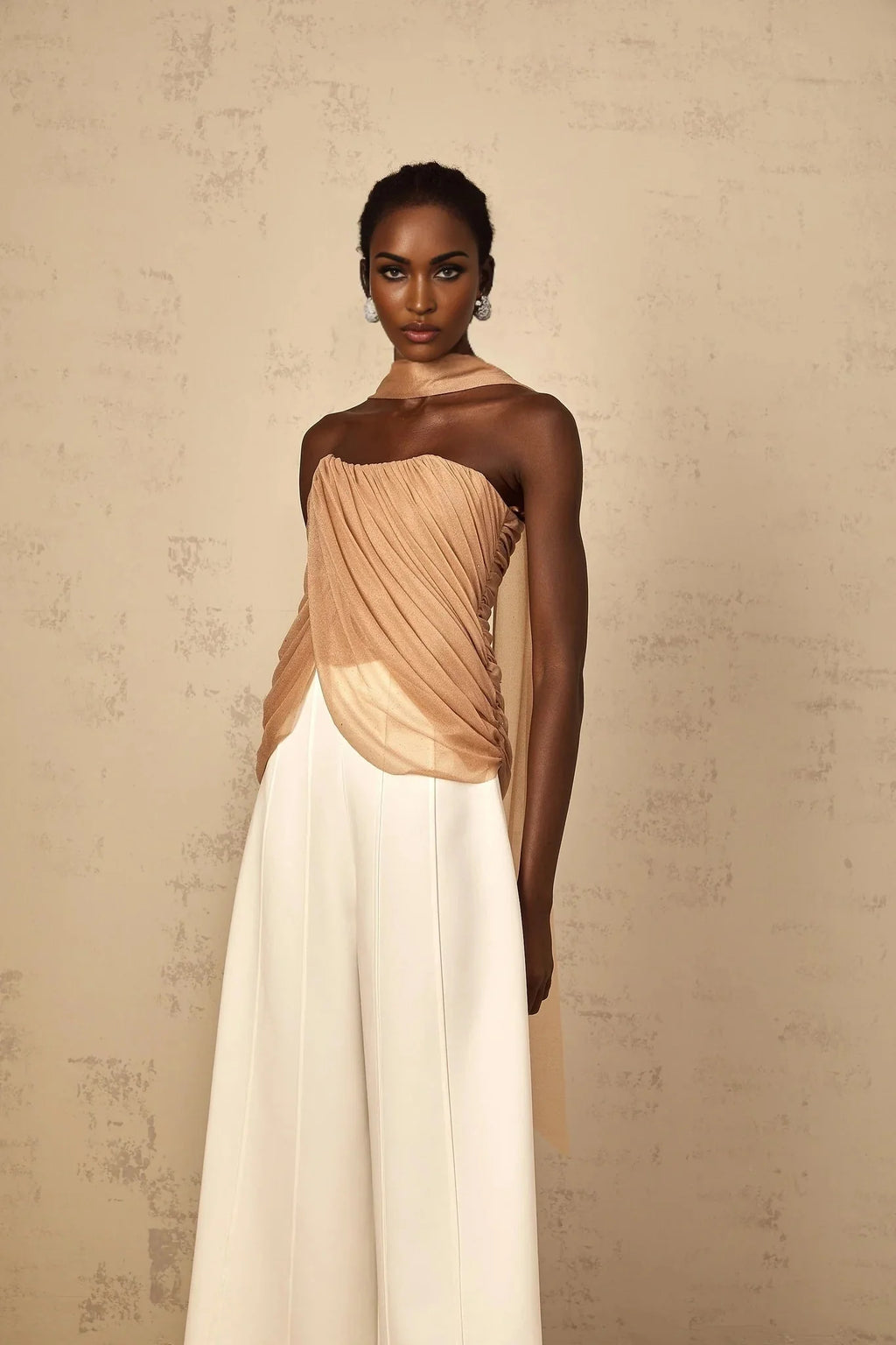 Natalina Top Brown Sequined Halter - neck Ruched Tulle Sparkle & Zip