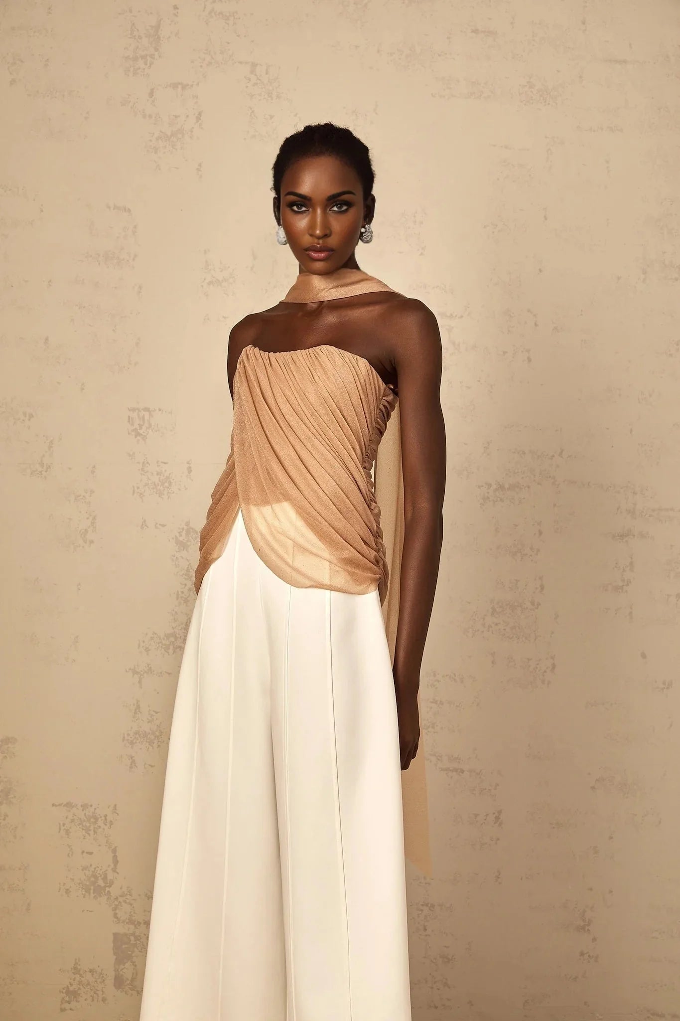 Natalina Top Brown Sequined Halter - neck Ruched Tulle Sparkle & Zip