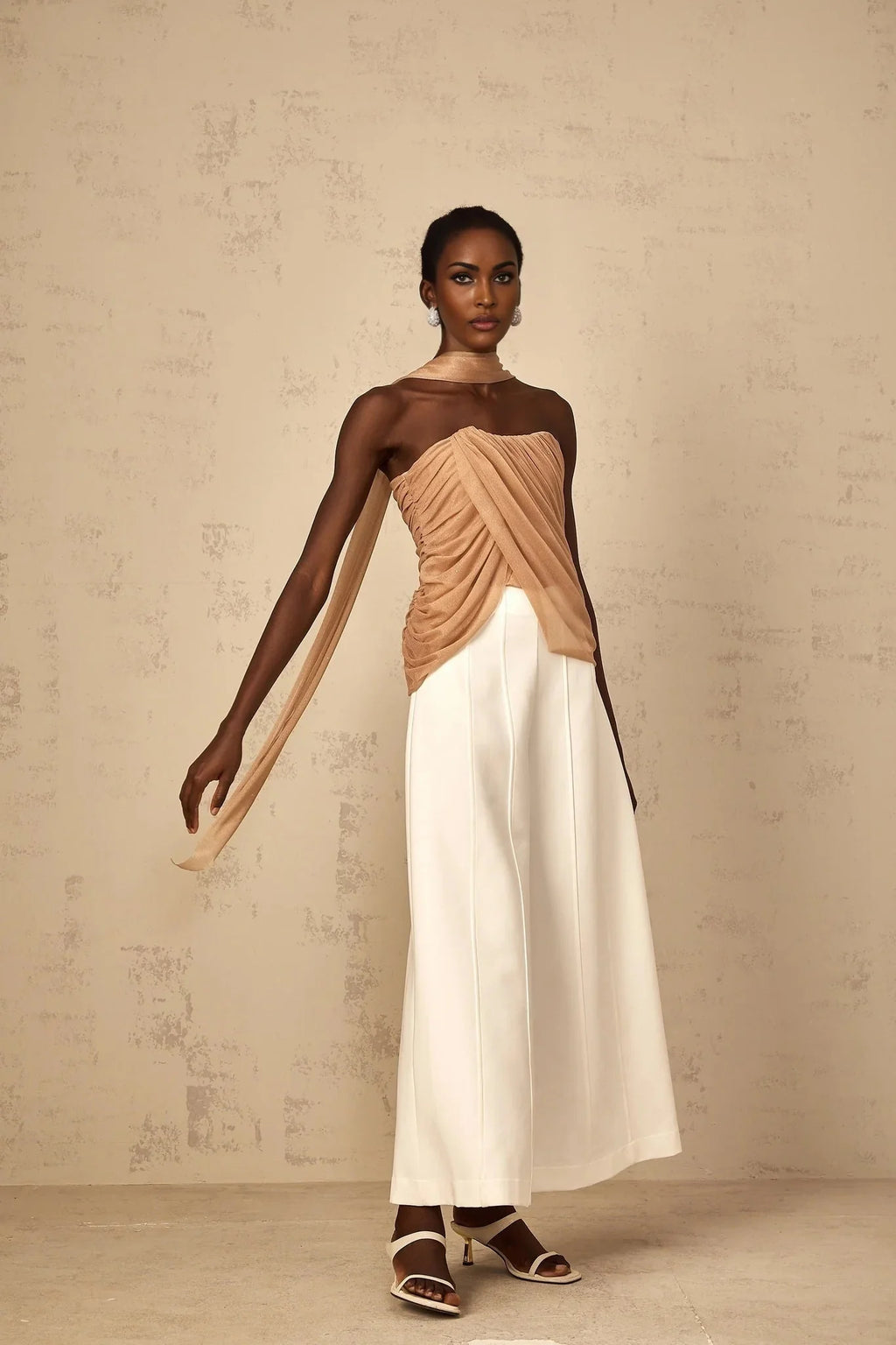 Natalina Top Brown Sequined Halter - neck Ruched Tulle Sparkle & Zip